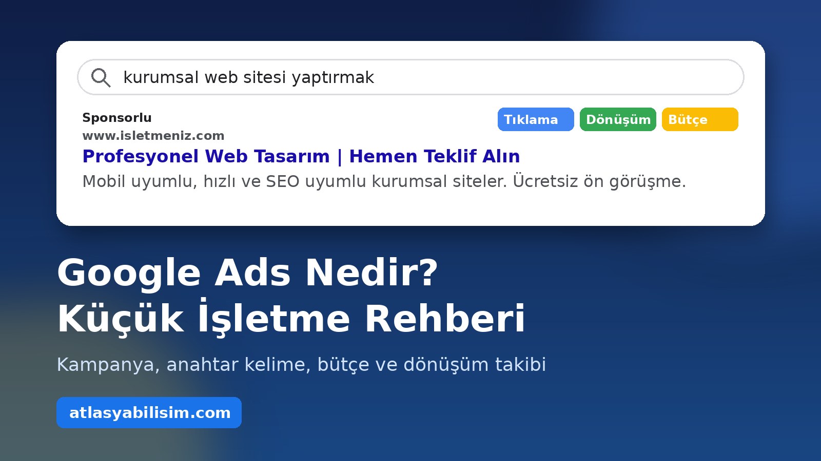 Google arama sonuçlarında Sponsorlu reklam kutusu ve Google Ads Nedir başlıklı Atlasya Bilişim blog kapağı